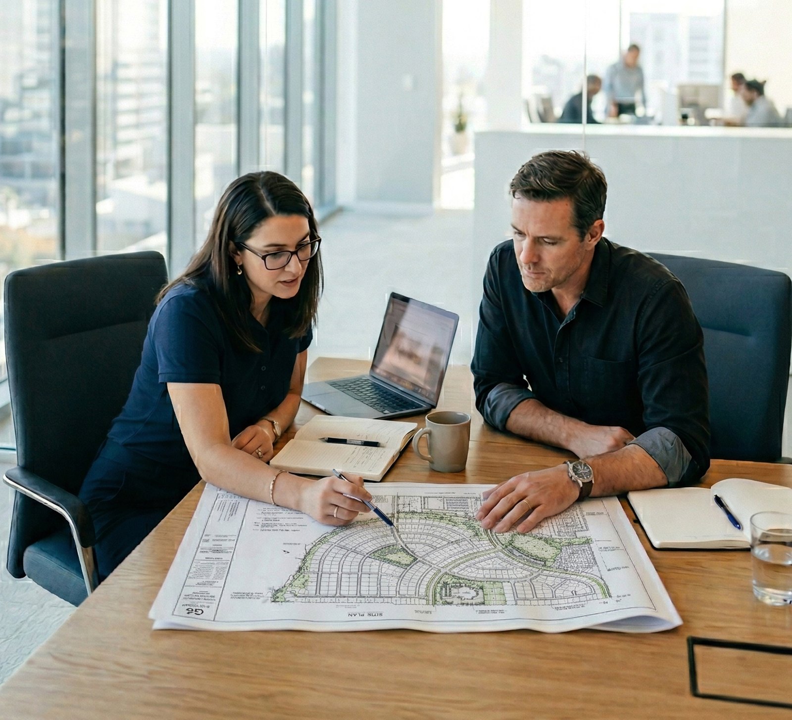 Engineers reviewing a site plan set during a stormwater plan review